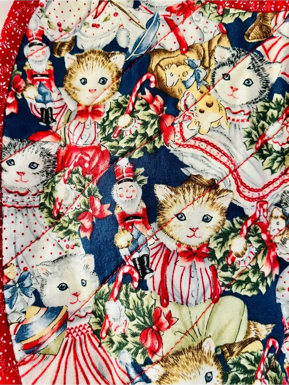 Vintage Handmade Holiday Kitty Print Baby Bib with Red Trim Christmas